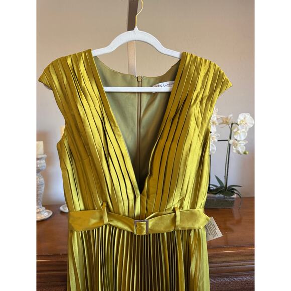 Mac Duggal Pleated Midi Dress Chartreuse Belted V Neck Size 6 NWT - Picture 3 of 13